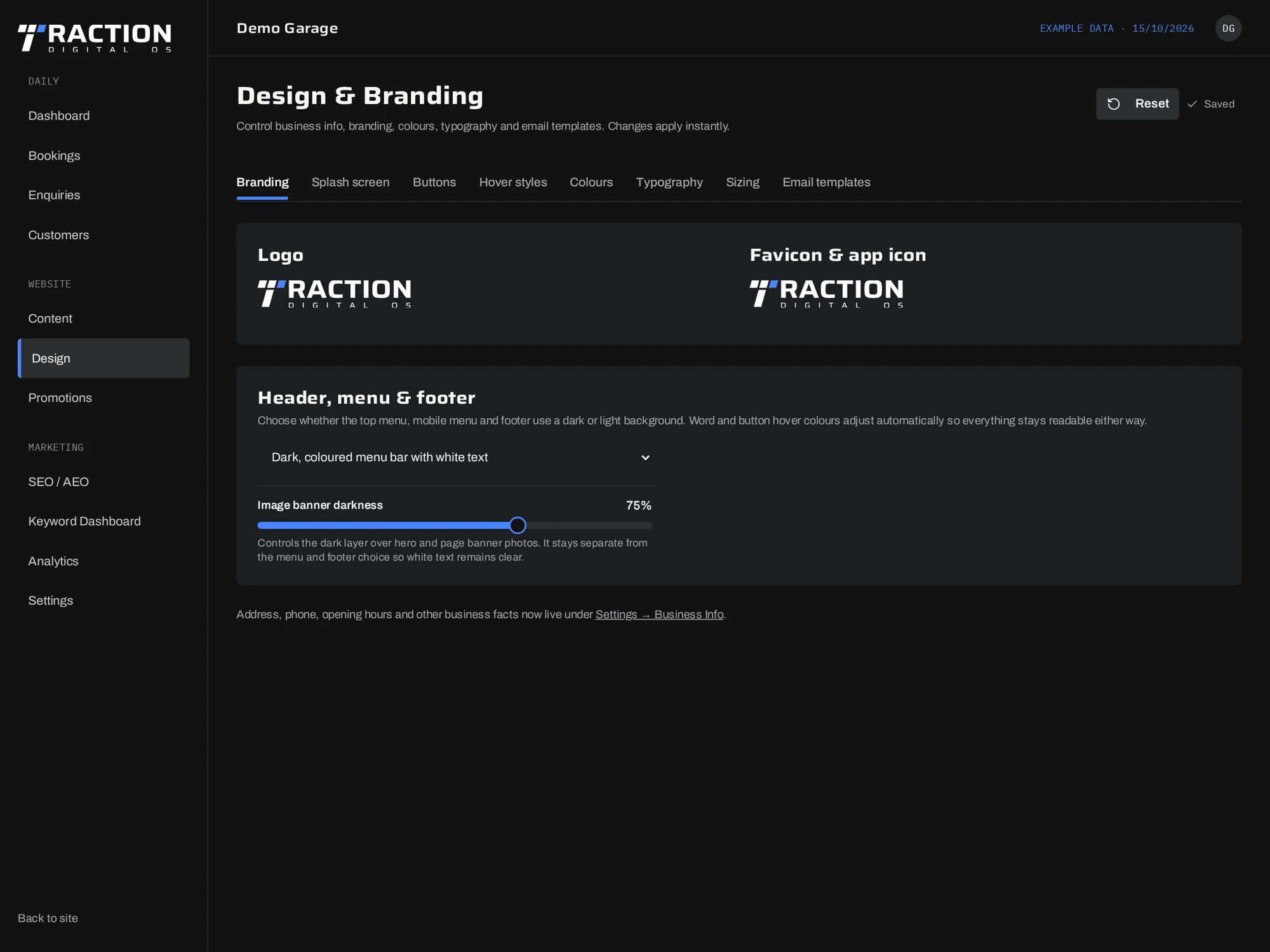 Traction demo garage branding settings with logo and website copy