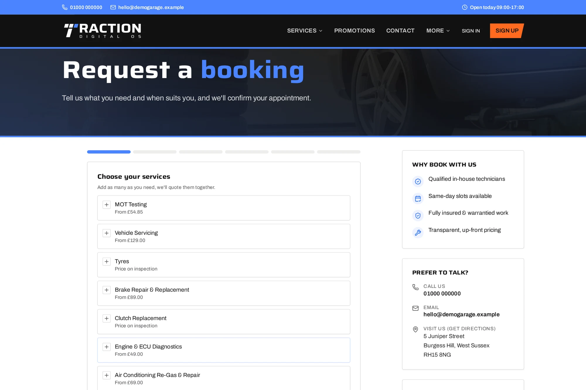 Actual demo booking page with MOT, service and tyre selection