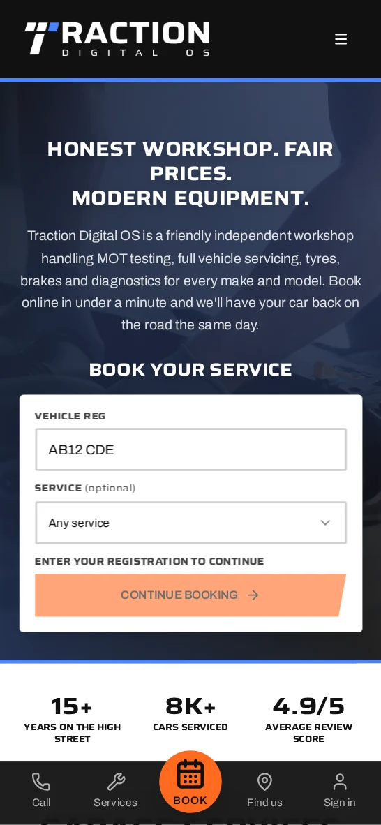 Phone-sized view of the actual demo garage homepage