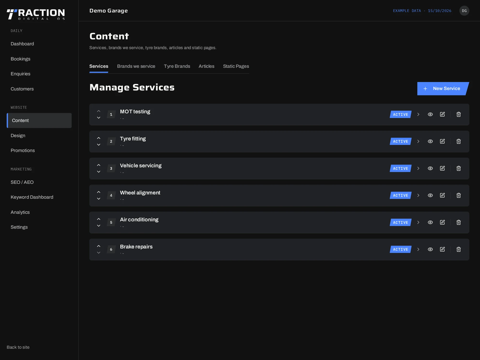 Traction demo garage service management screen